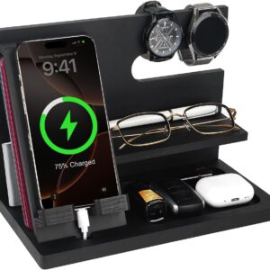 Gifts for Men Christmas Wooden Phone Docking Station Desk Organiser Father Gifts Anniversary Birthday Gifts for Him Christmas Gifts for Men Bedside Table Keys