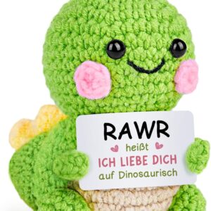 Anniversary Gift for Him Her – Handmade Crochet Dino with Energy Card, Gifts for Boyfriend Girlfriend Couple Partner, Pocket Hug Dino, Valentine’s Day Gift, Wedding Day Gifts