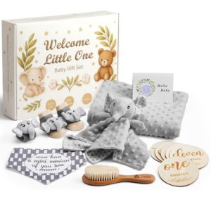 Lictin Baby Gifts for Birth, 14 Pieces Newborn Gift, Gift Set with Baby Blanket, Baby Safety Blanket, Baby Rattle Socks and Wrist, Baby Bib, Wooden Brush and Milestones