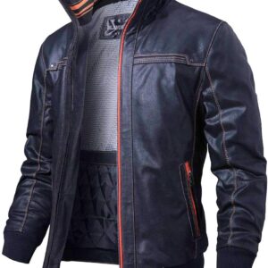 FLAVOR Men’s Genuine Leather Jacket Stand-Up Collar Jackets