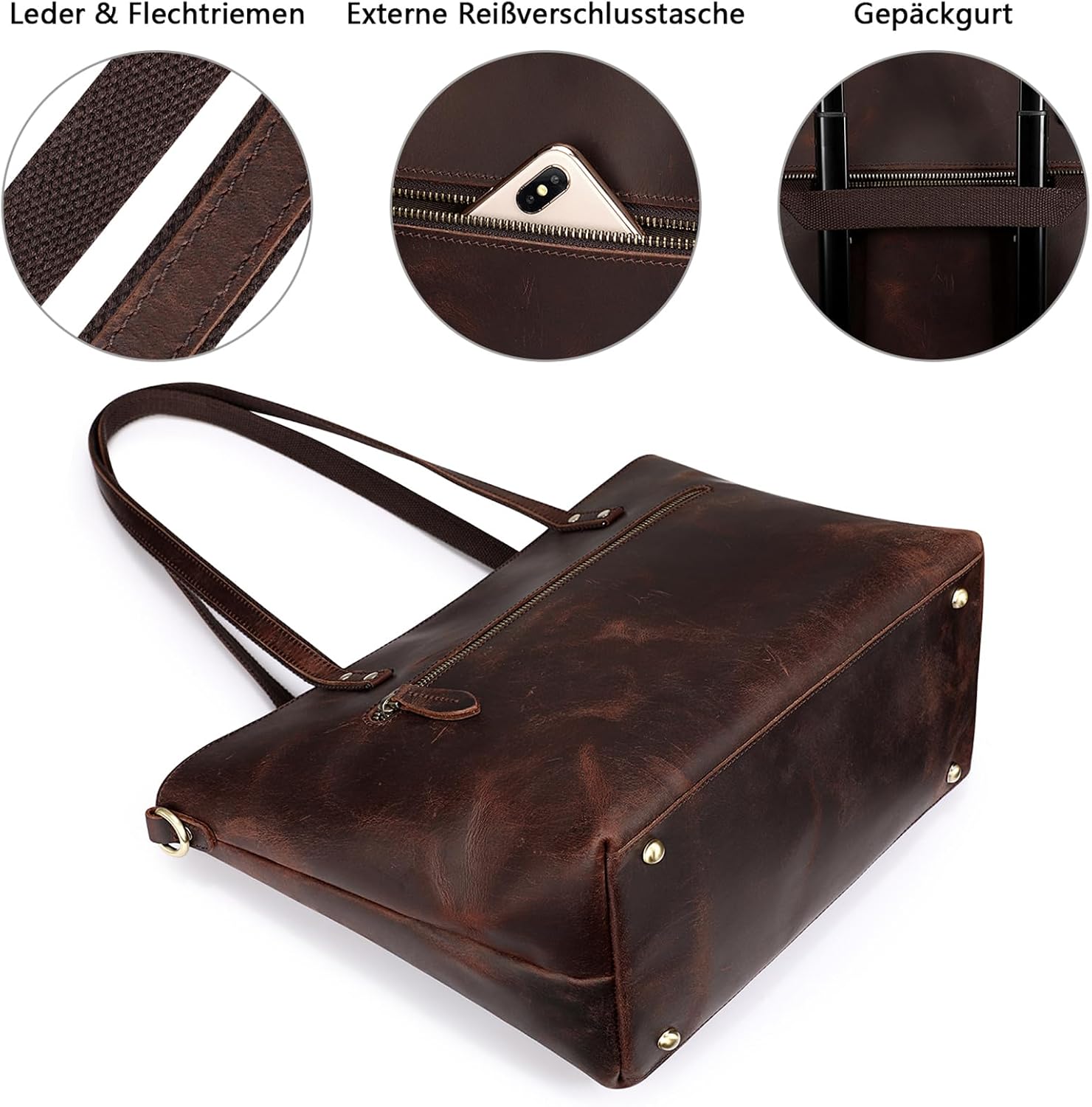 S-ZONE Women's Shoulder Bag Vintage Genuine Leather Large Shopper Handbag Handbag Laptop Bag Work School Shopping Travel – Bild 3