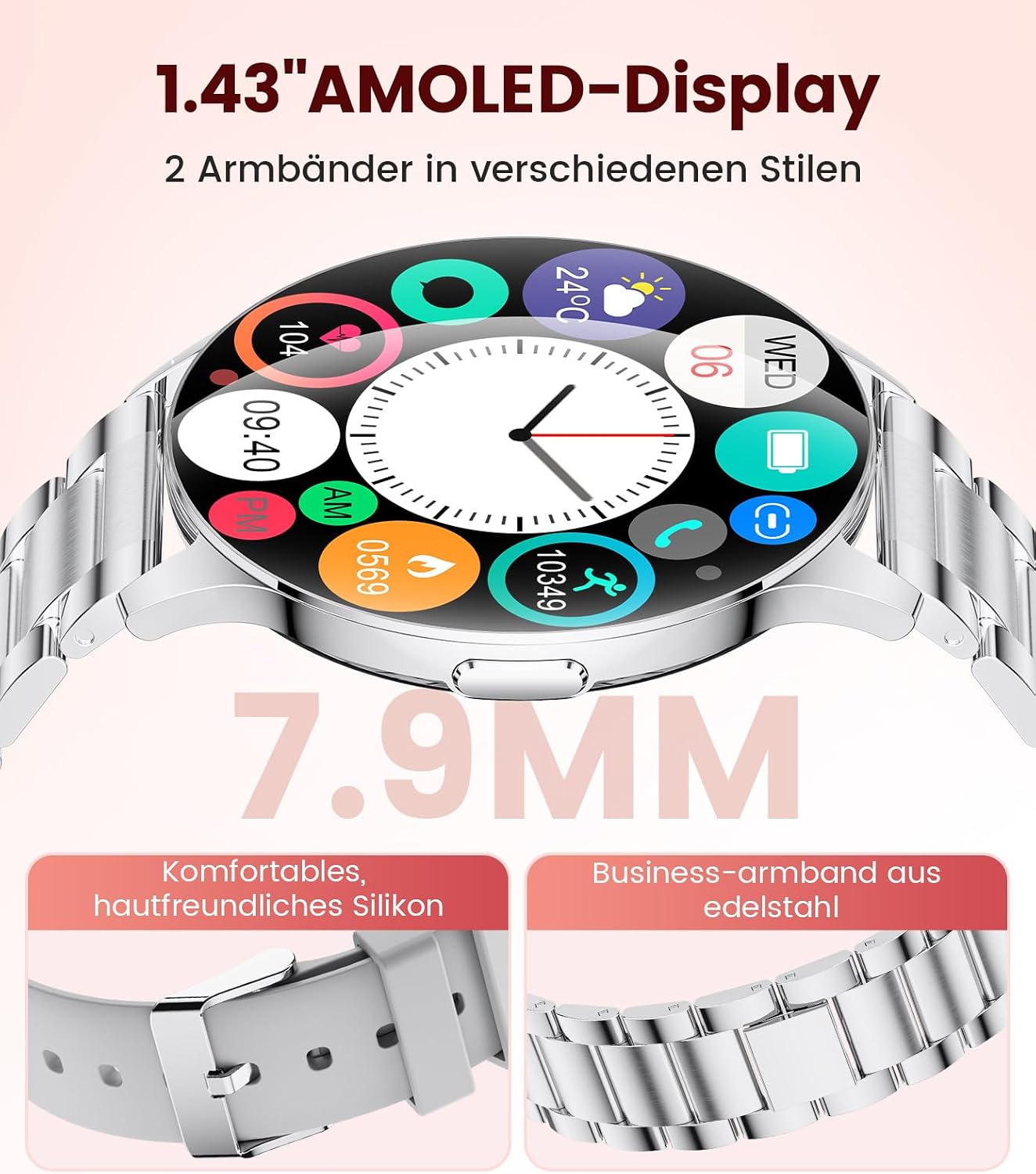 Women's Smartwatch (2 Bracelets), Premium Metal Bracelet, 1.43 Inch HD AMOLED Display, 120+ Sports Modes, Fitness Watch with Sleep Tracking, Phone Function, Watch for iOS Android, Silver – Bild 3