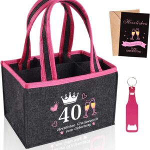 Original Gifts 40th Birthday Beer Woman, Bottle Bag with Bottle Opening and Card, for 6 Beer Bottles, Wine, Reusable Handbag, Happy Birthday for Wife, Girlfriend, Sister, Beer Carrier (40)