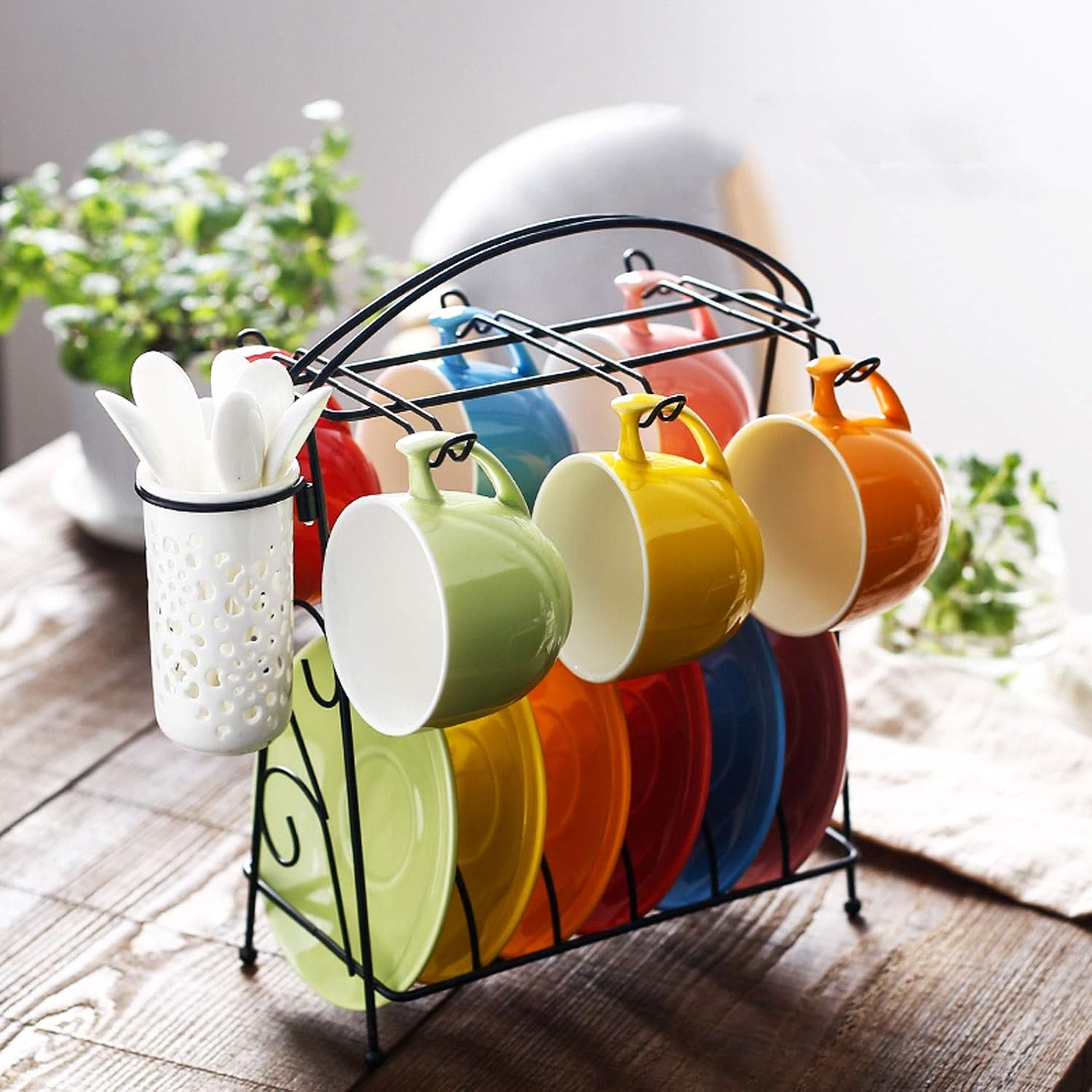 Coffee Cups Mug Rainbow Color Ceramic Coffee Tea Gift Set Bright Coloured Latte Cup Tea Cup Saucer and Teaspoon (Holds 6 People) with Stand Gifts for Women Men – Bild 8
