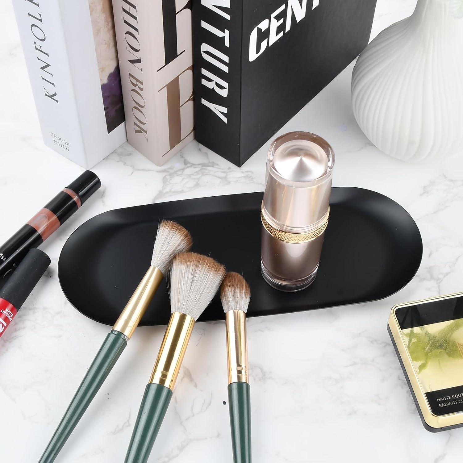 Set of 2 Decorative Trays Stainless Steel Serving Tray Metal Oval 23 x 9.5 cm Jewellery Tray Small Storage Tray Ceramic Black for Desserts, Cosmetics, Jewellery, Candles, Keys (Black) – Bild 6