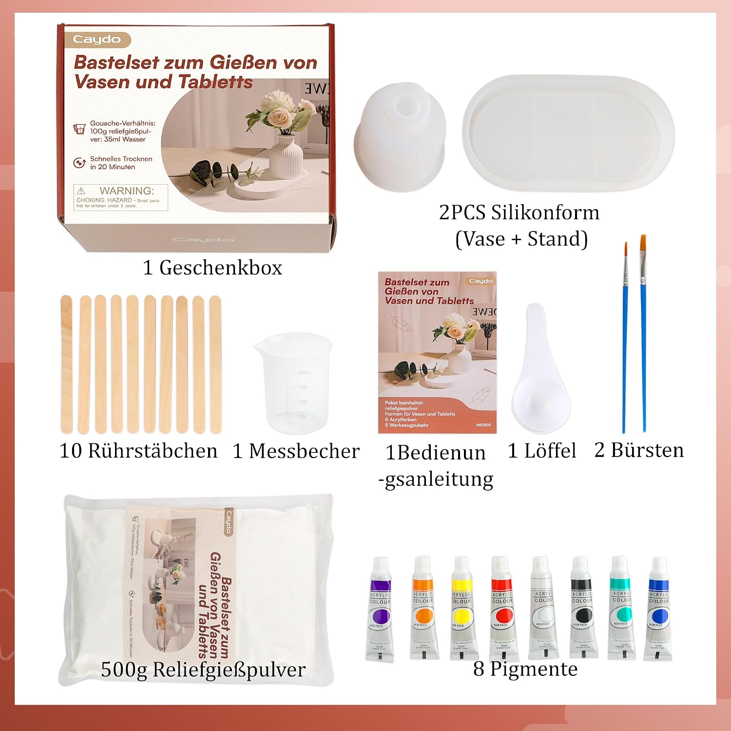 Caydo Casting Powder Starter Set, Silicone Moulds Casting Moulds Vase Pallets with Casting Powder 500 g, DIY Flower Vase Silicone Moulds Relief Casting Powder for Pouring with Creative Concrete, Jewellery Concrete, Casting Resin, Wax – Bild 6
