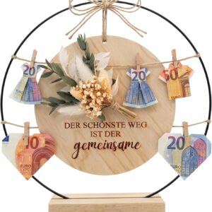 Wedding Money Gift - Creative Money Gifts for Bride and Groom Made of Wood & Metal Ring, Boho Wedding Gift with Eucalyptus and Saying "Der schönste Weg ist der gemeinsame", Money Packaging