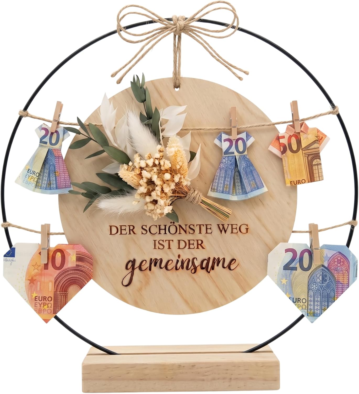Wedding Money Gift - Creative Money Gifts for Bride and Groom Made of Wood & Metal Ring, Boho Wedding Gift with Eucalyptus and Saying "Der schönste Weg ist der gemeinsame", Money Packaging