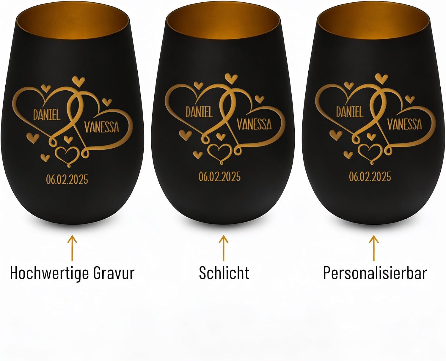 Engraved Lantern - Personalised Hearts with Name and Date - Anniversary Birthday or Valentine's Day Gift - Black – Bild 3