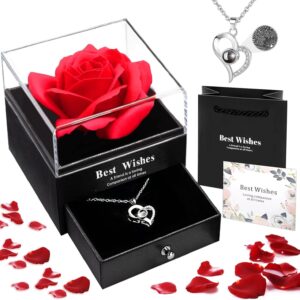 Eternal Rose with Chain, Eternal Rose Box, Valentine's Day Necklace, Heart Chain, Jewellery Gift Box, with I Love You Necklace for Valentine's Day, Mother's Day, Christmas, Wedding, Anniversary, Birthday Gift for Women