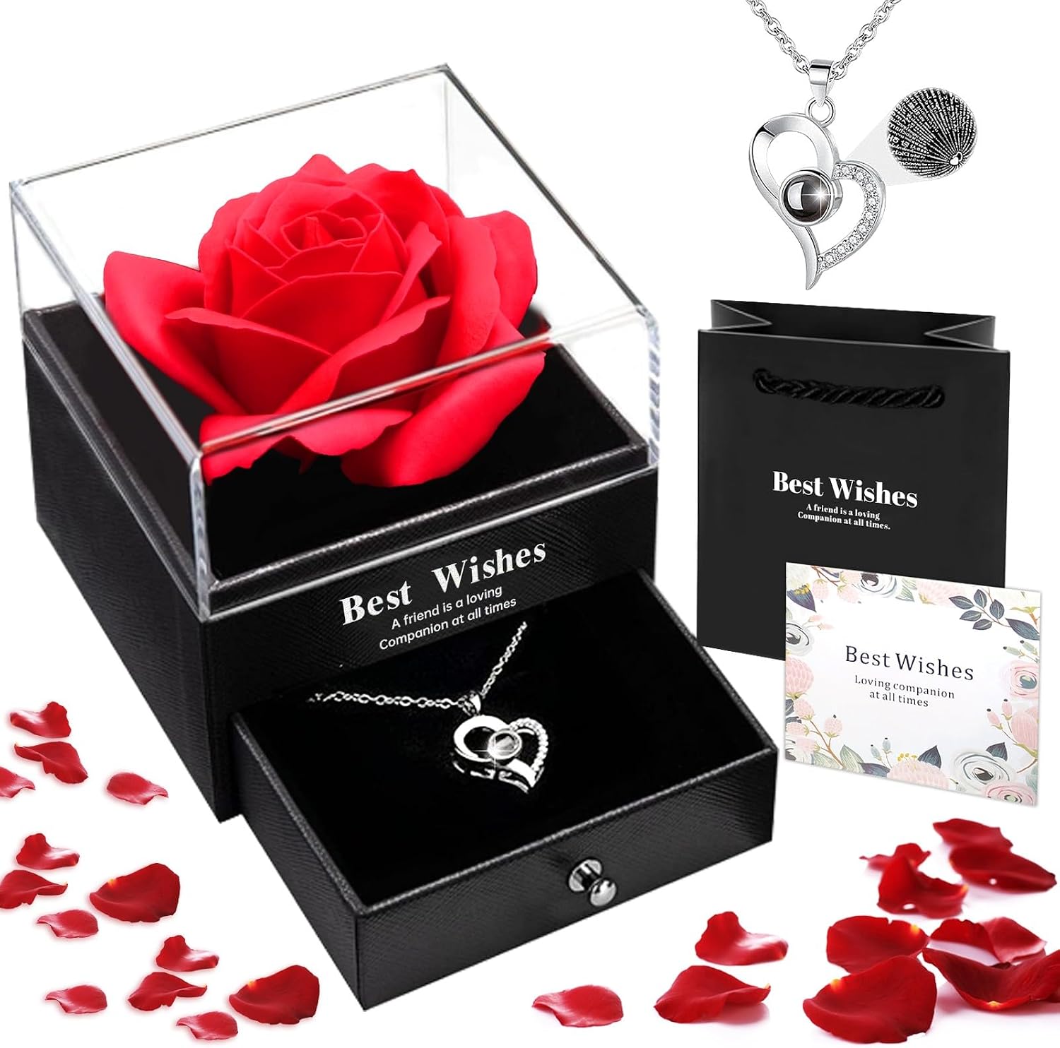 Eternal Rose with Chain, Eternal Rose Box, Valentine's Day Necklace, Heart Chain, Jewellery Gift Box, with I Love You Necklace for Valentine's Day, Mother's Day, Christmas, Wedding, Anniversary, Birthday Gift for Women