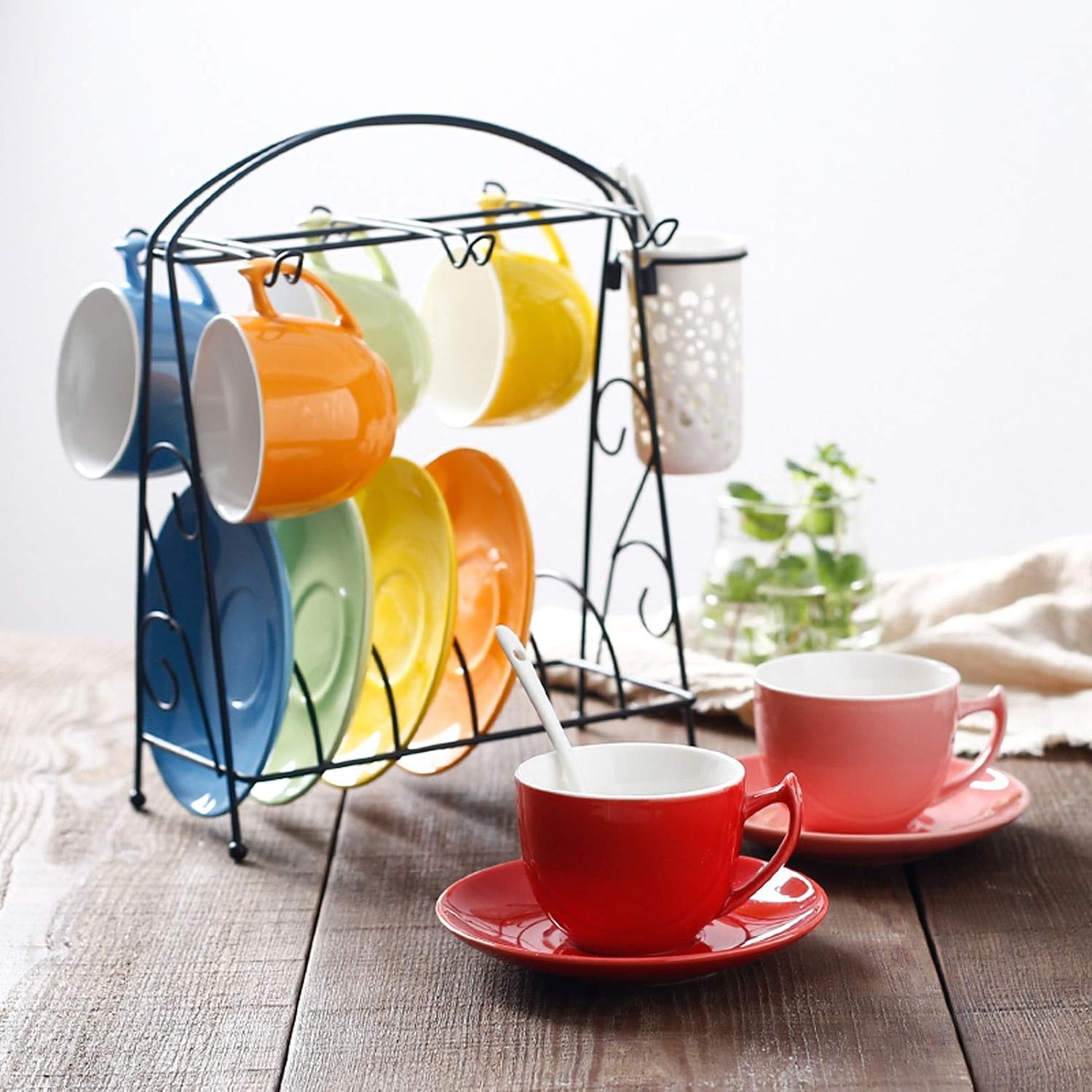 Coffee Cups Mug Rainbow Color Ceramic Coffee Tea Gift Set Bright Coloured Latte Cup Tea Cup Saucer and Teaspoon (Holds 6 People) with Stand Gifts for Women Men – Bild 9