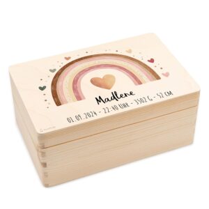 Baby Keepsake Box Wooden Box Personalised – 30 x 20 x 14 cm – Boho Rainbow