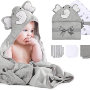 Momcozy Baby bath towel set, 8-piece baby towel set, 2 x baby hooded towels 76 x 76 cm and 6 x baby washcloths 24 x 24 cm, baby towel with hood for newborns, soft and super absorbent, unisex.