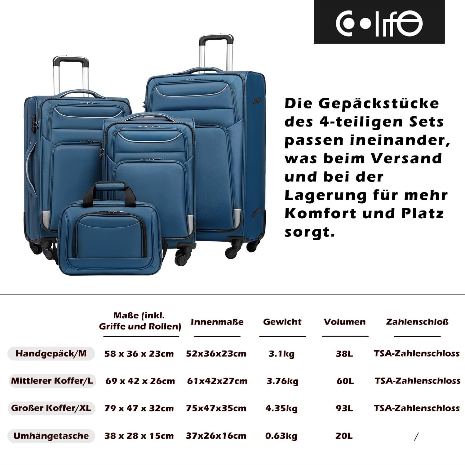 COOLIFE Suitcase Set 4-Piece Soft Luggage 58/66/80 cm and 1 Large Shoulder – Bild 3