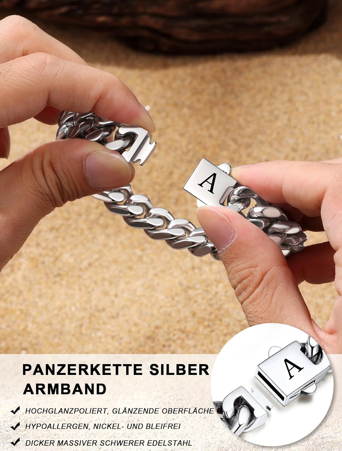 Herren Armband mit Buchstaben Edelstahl Armbänder Panzerkette – Bild 4