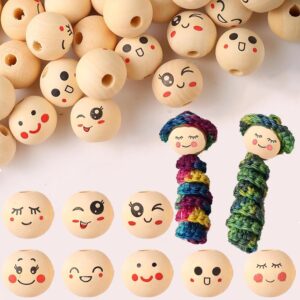 Pack of 104 Wooden Beads with Face Round, 20 mm Loose Wooden Beads Printed Wooden Balls with Hole for Threading, 8 Style Colourful Craft Beads for Bracelet Necklace Decoration Jewellery Crafts (Nature, Eyes)