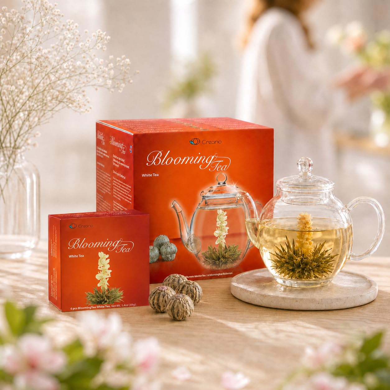 Creano Tea Flowers Gift Set, Blooming Tea with 500 ml Glass Jug and 6 x White Tea, Christmas Gift for Women and Tea Lovers – Bild 2