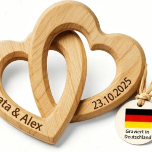 Liebtastisch Personalised Wooden Hearts – Engraved with Name & Date – Romantic Gift for Wedding, Anniversary, Engagement, Valentine’s Day & Anniversary – Natural & Handmade
