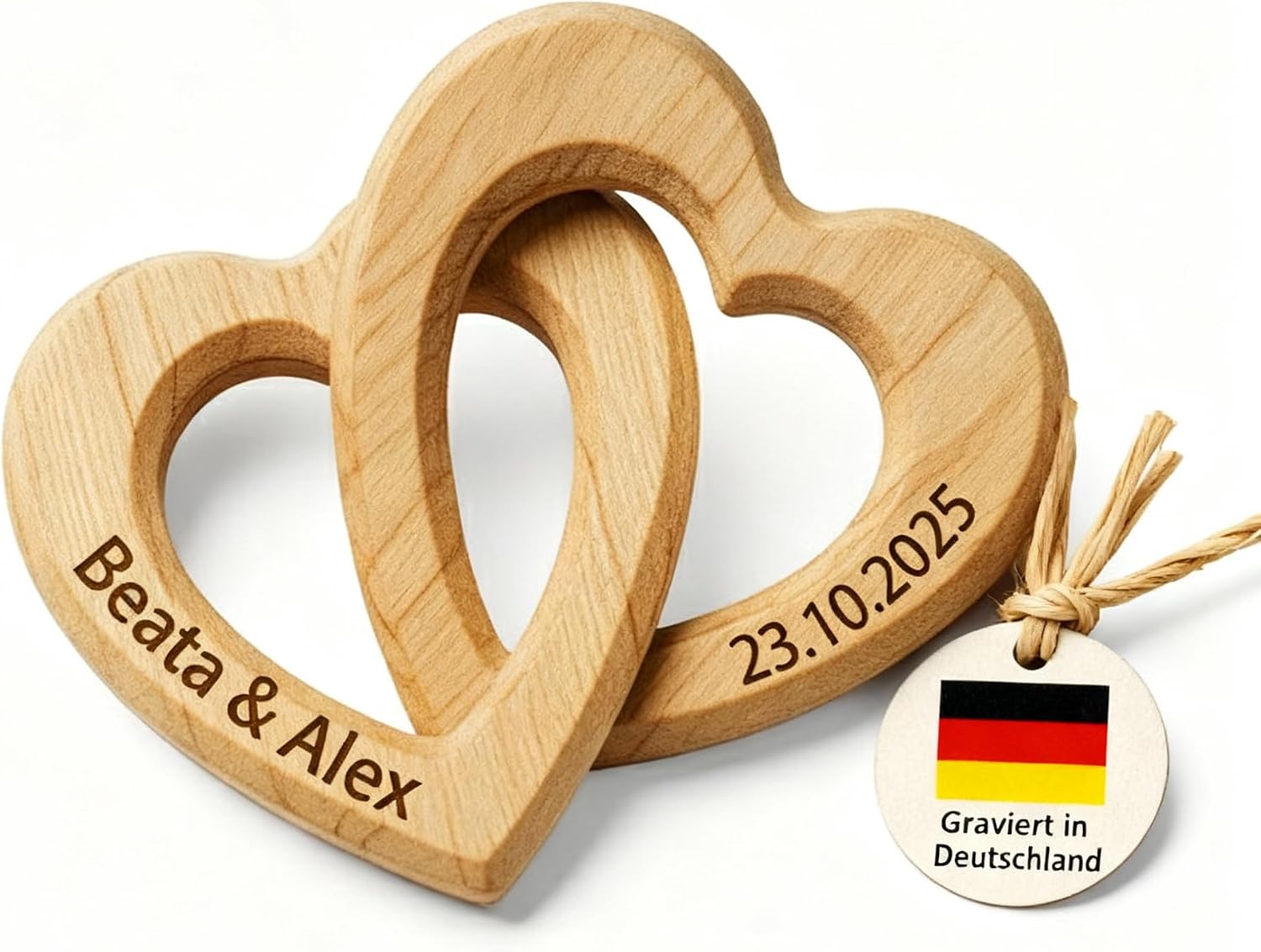 Liebtastisch Personalised Wooden Hearts - Engraved with Name & Date - Romantic Gift for Wedding, Anniversary, Engagement, Valentine's Day & Anniversary - Natural & Handmade