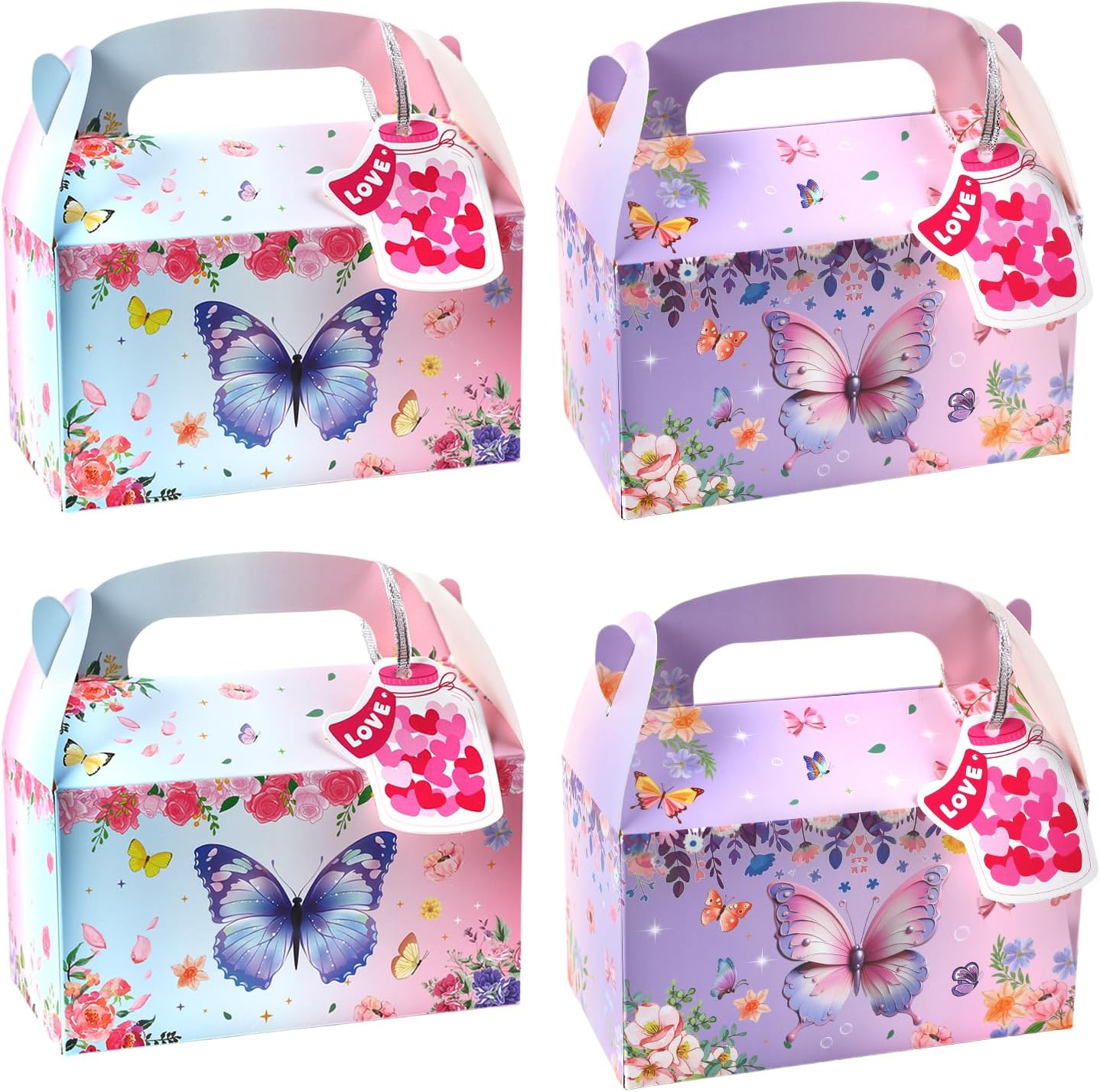 Wlicon Pack of 24 Butterfly Party Boxes Butterfly Candy Paper Boxes Gift Boxes with Handle for Cake Biscuits Birthday Party Baby Shower Wedding Decorations