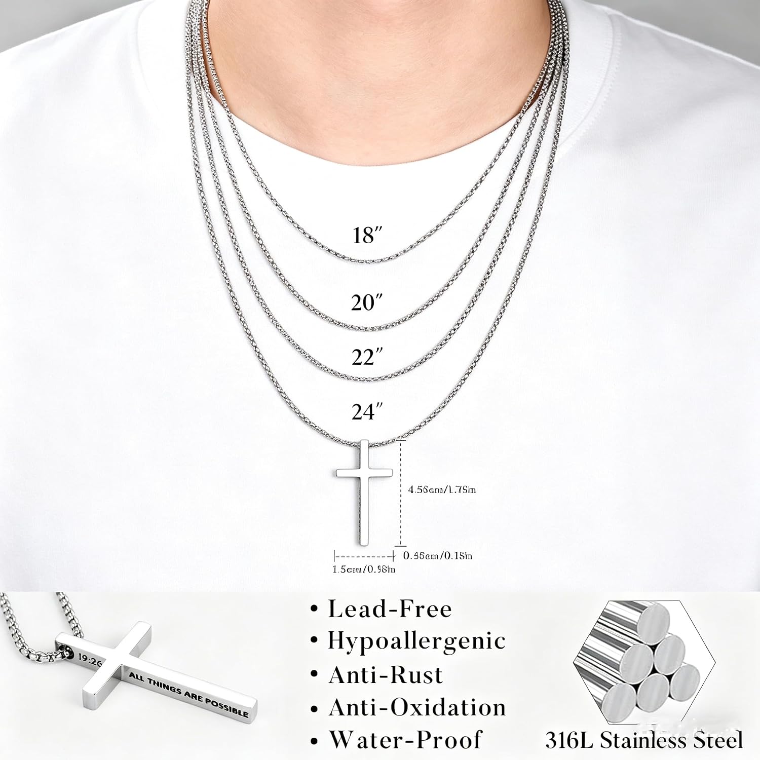 M MOOHAM 2pcs Stainless Steel Cross Necklace Set for Men Silver Black Heavy Duty Cuban Snake Chain Jewelry Valentine's Day Gift for Men Teens – Bild 4