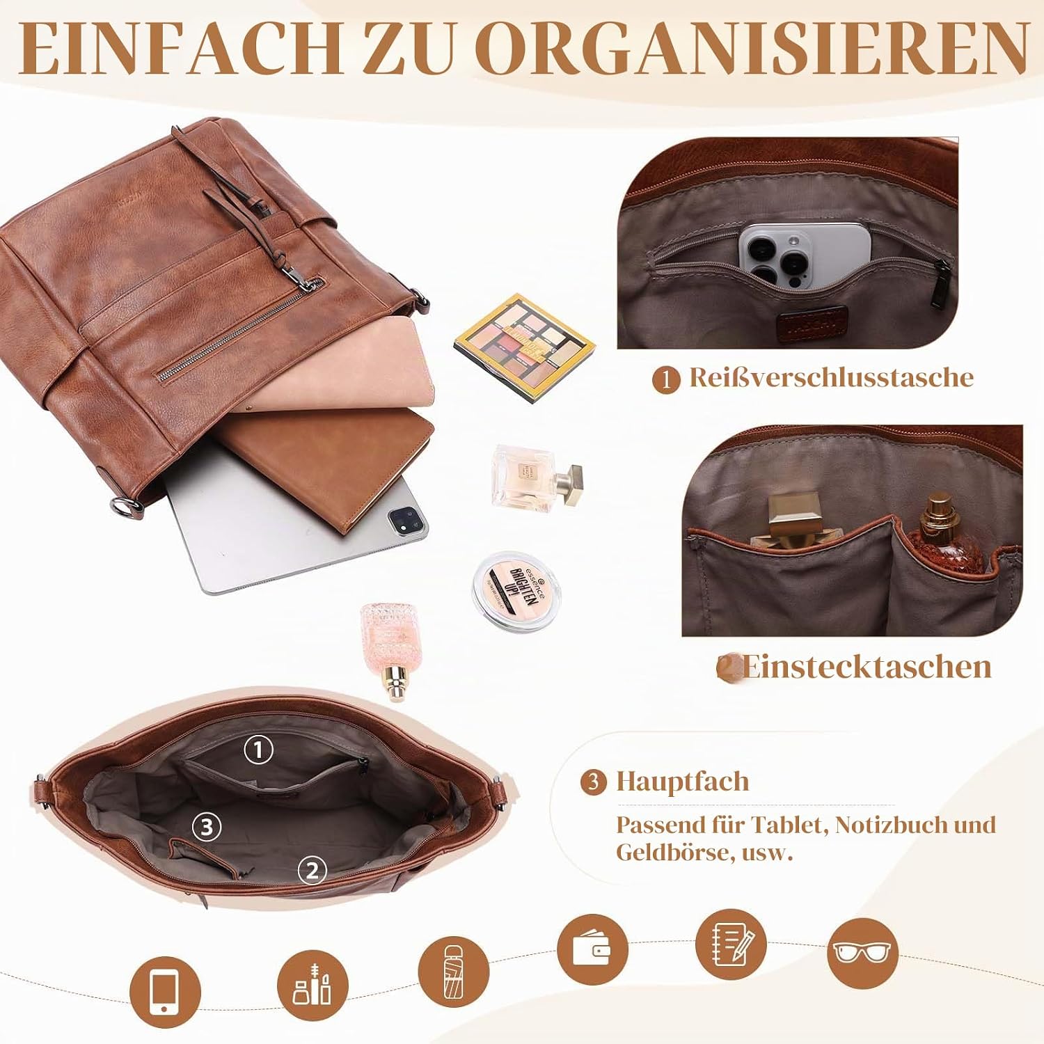 VASCHY Handtasche Damen, Vegan Leder Schultertasche Henkeltasche Groß Crossbody Hobo Bag Umhängetasche Geldbörsen Set – Bild 4