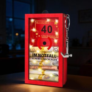 TUZELIYA LED Money Gifts 40th Birthday – 40th Birthday Women & Men – Personalised Gifts for Money – Funny Emergency Box Gifts with Hammer, Golden String and Fairy Lights