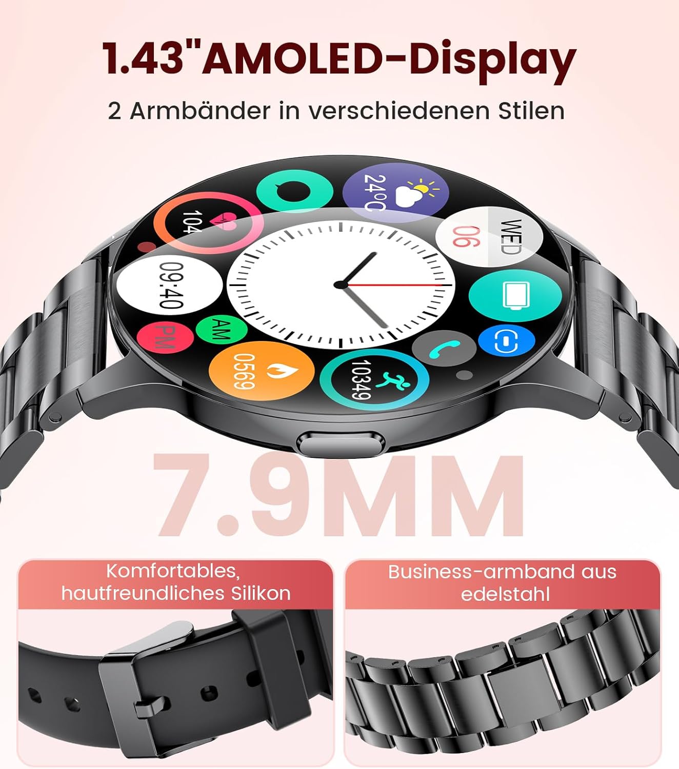 Women's Smartwatch (2 Bracelets), Premium Metal Bracelet, 1.43 Inch HD AMOLED Display, 120+ Sports Modes, Fitness Watch with Sleep Tracking, Phone Function, Watch for iOS Android, Black – Bild 2