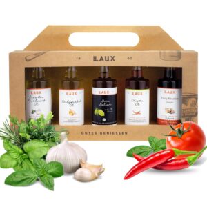 Laux BBQ Vinegar Oil Set, Cooking Set of 5 Exquisite Vinegars & Cooking Oils, Grill Accessories, Cooking Box, Gift Set, Gift Ideas for Men and Women, 5 x 40 ml