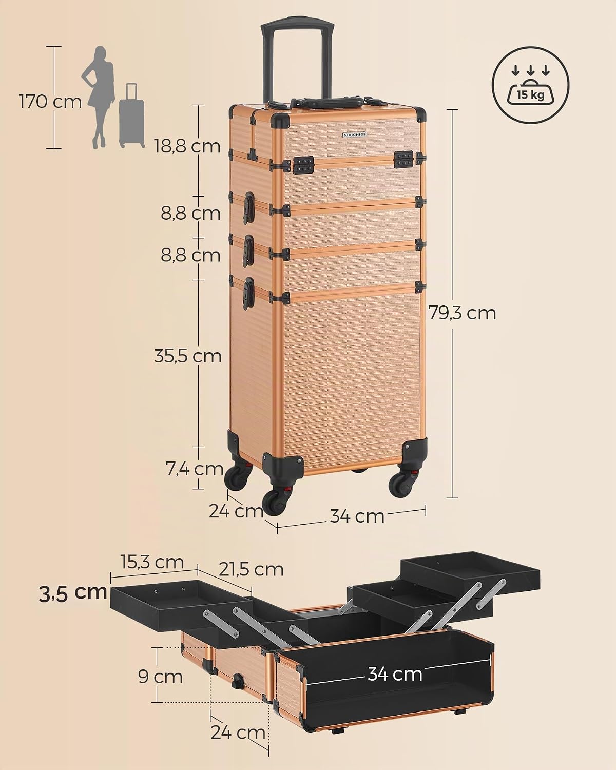 SONGMICS Lockable Cosmetic Case Trolley 34 x 24 x 79.3 cm – Bild 5