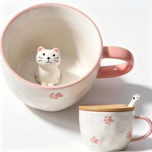 Cute Things Ceramic Cat Coffee Cup, Tea Cup with Lid and Spoon, Funny Cups, Gifts for Women, Coffee Mug, Porcelain 3D Cup, Personalised Cappuccino Cup, Best Friend Christmas Gift