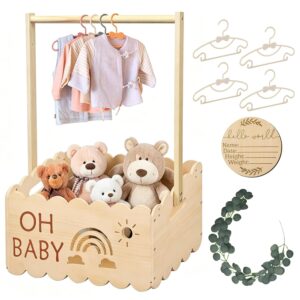 Wooden Baby Gift Basket with Handle - Decorative Baby Shower Wooden Box with Children's Hangers, Wooden Sign, Vine, Hollow Pattern, Personalised Gifts for Boys and Girls and Ideal for Baby Shower