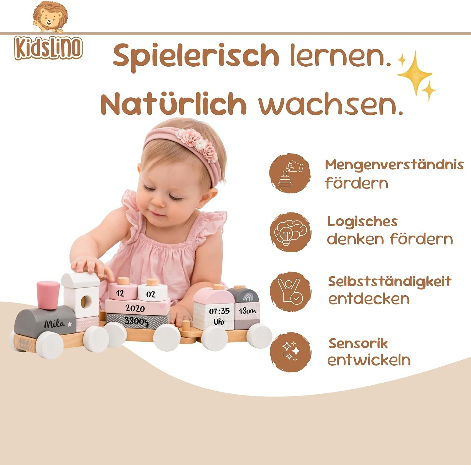 Personalised Wooden Train Pink - Personalised Gifts Baby | Plug Toy | Gift for Birth Girl | Wooden Train with Name & Birth Data - Label Label – Bild 4