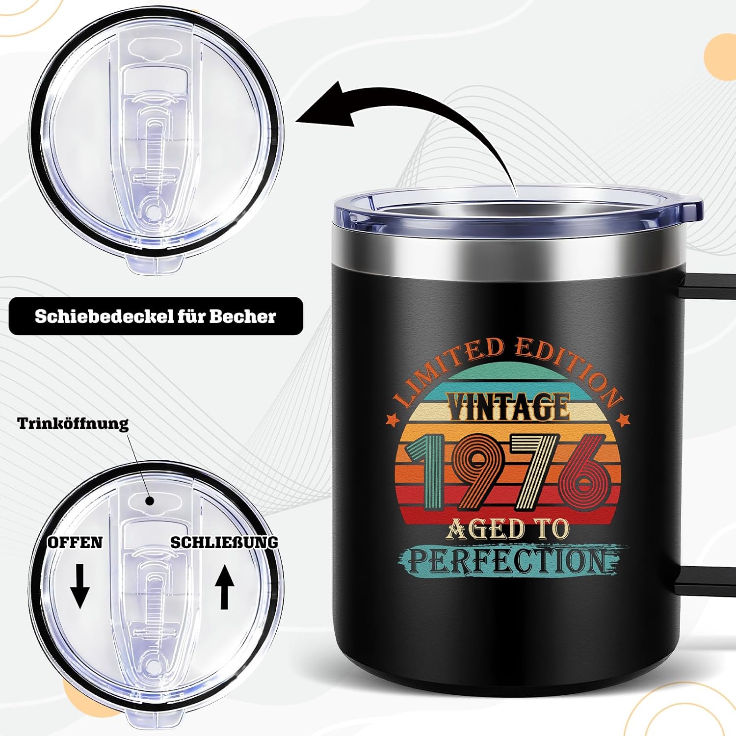 TUZELIYA Thermal Mug 450 ml Stainless Steel 50th Birthday Gift Man & Woman, 1976 Vintage Gift, Funny Birthday Gift for Men, Dad, Mother, Colleague, Boyfriend, Colleague for Birthday, Black – Bild 7