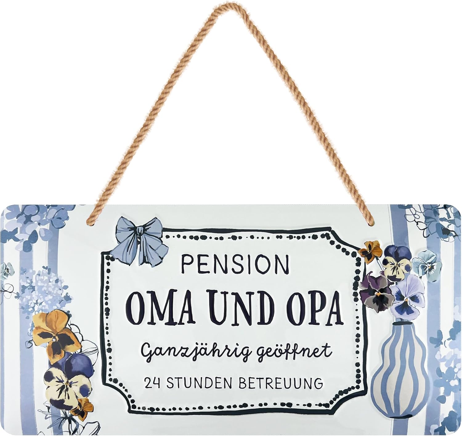 LANOLU Retro Tin Sign, Grandma and Grandpa Pension Sign for Hanging, Funny Gift Idea for Grandparents from Grandchildren, Embossed with Jute Cord, 16 x 32 cm
