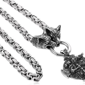 OIDEA Men's Viking Necklace with King Chain: Heavy Punk Rock Wolf Head Thor's Hammer Pendant Wolf Head Odin Bear Claw Nordic Viking Jewellery Gift for Men Friend Father