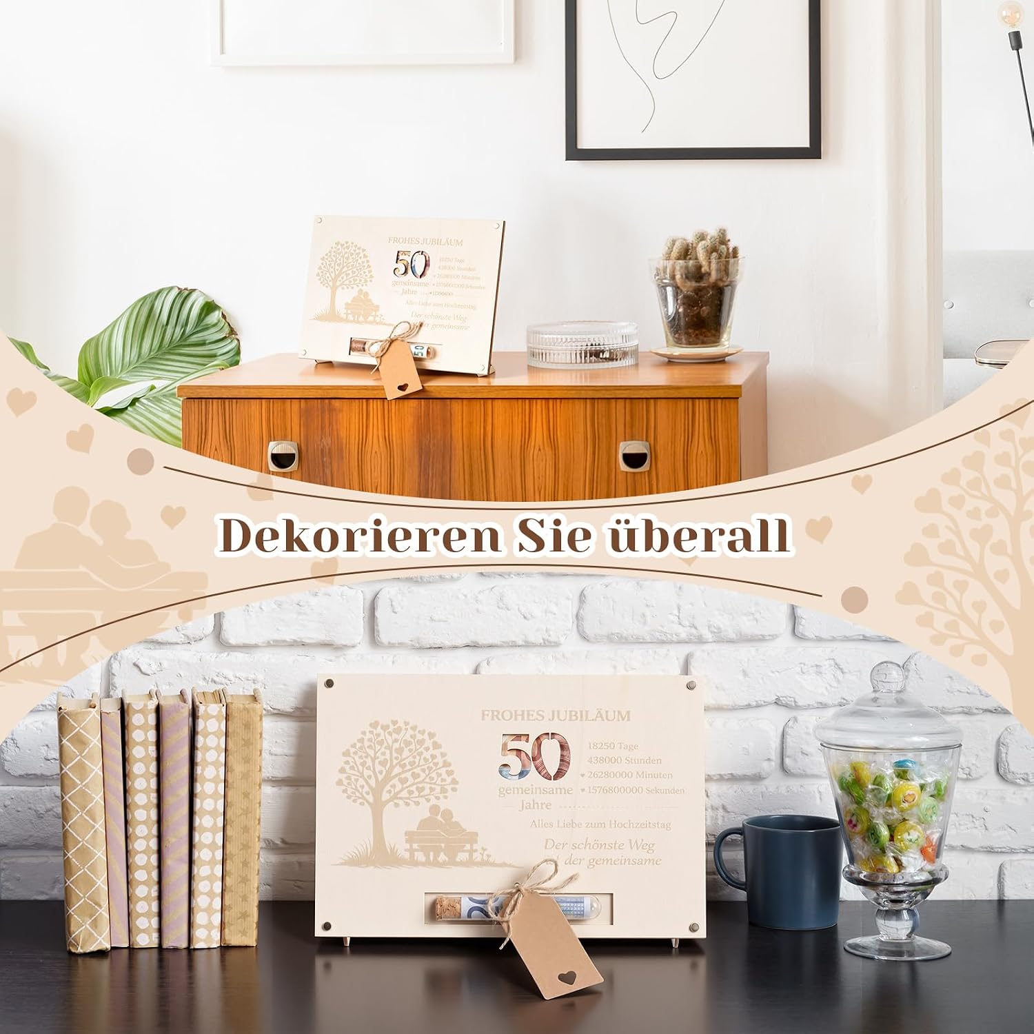 Hestya Money Gift 50 Years of Marriage, Wooden Golden Wedding Gifts, Anniversary Card, Money Gifts, Packaging, 25 x 17 cm, Packaging with Test Tube, Labels, Hemp Rope for Golden Wedding Gifts – Bild 6