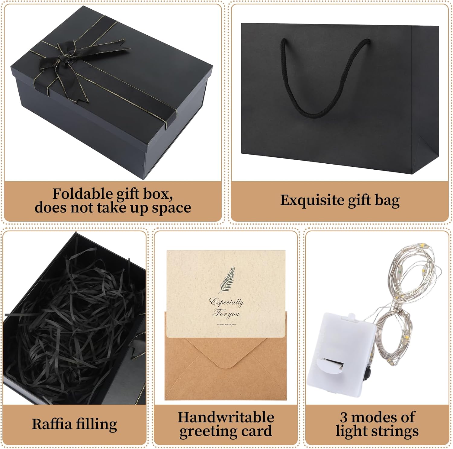 Gift Box with Lid, 22.5 x 16 x 8.5 cm, Black Gift Box, Birthday, Gift Packaging with Greeting Card, Fairy Lights, Raffia and Carry Bag, Gift Box for Wedding, Birthday – Bild 4