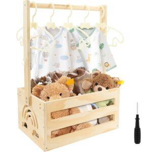 Baby Gift Basket, Wooden Baby Storage Basket with Handle and 5 Clothes Racks, Baby Shower Box Cabinet, Personalised Newborn Basket for Birthdays, Baby Shower, Gift, Christmas, New Parents