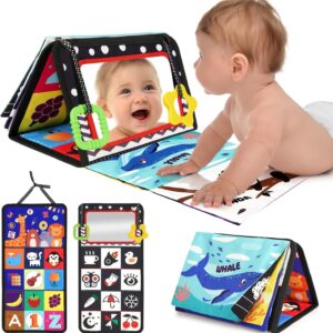 URMYWO Baby Toy from 3 Months, Baby Mirror with Crinkle Book, Black and White Belly Position Toy Baby 0 3 6 9 Months Contrast Book Gift for Newborn Christmas Boys Girls