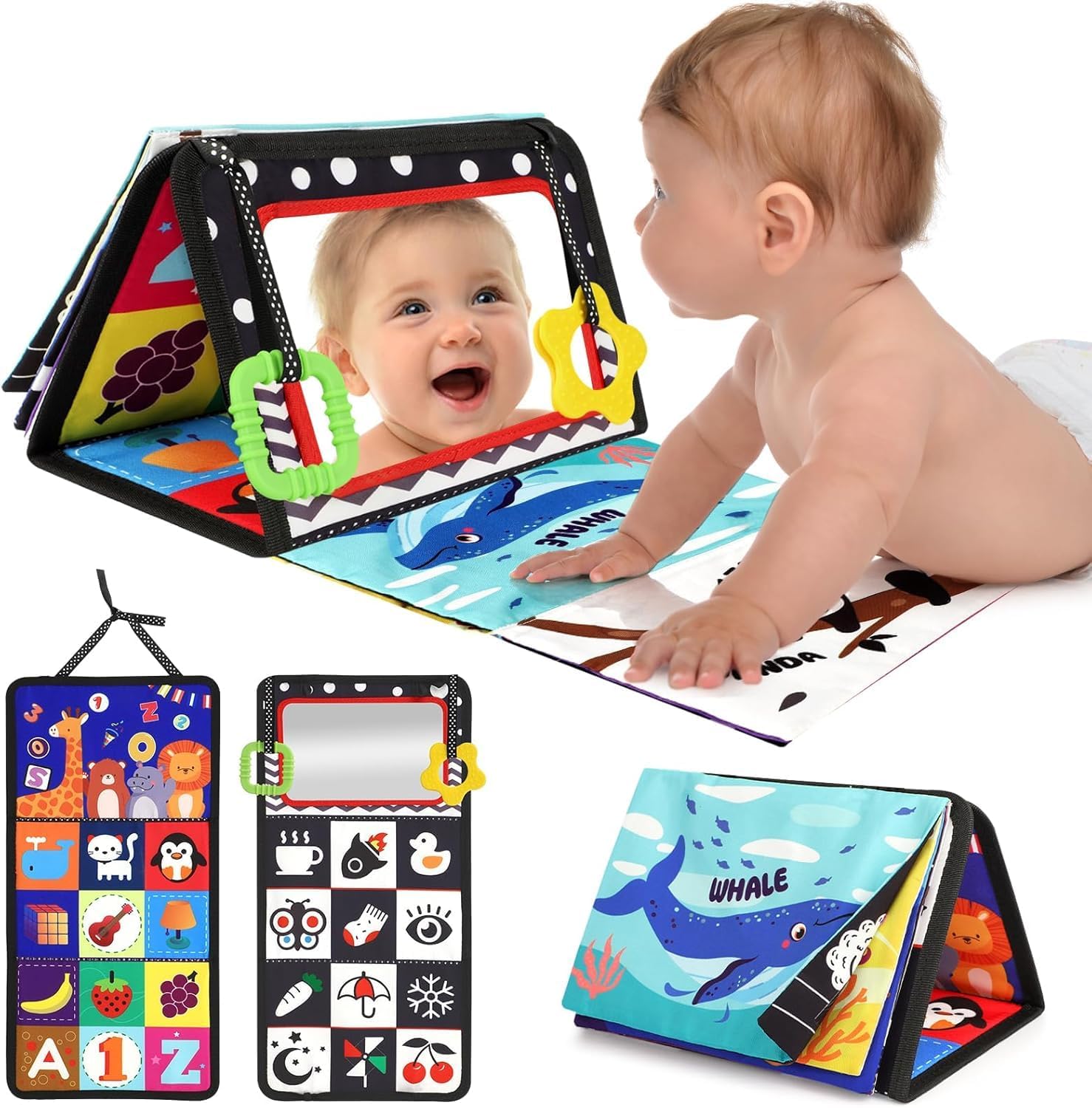 URMYWO Baby Toy from 3 Months, Baby Mirror with Crinkle Book, Black and White Belly Position Toy Baby 0 3 6 9 Months Contrast Book Gift for Newborn Christmas Boys Girls