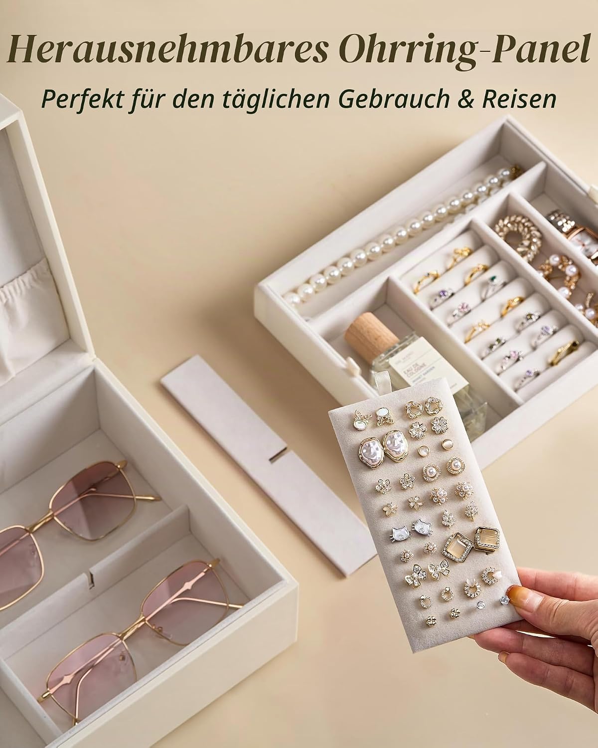 pickpiff 2-Tier Jewellery Cabinet for Women, Jewellery Storage with Handle and Removable Compartment, Necklace Holder, Velvet Lined Jewellery Cabinet for Home or Travel, Beige – Bild 2
