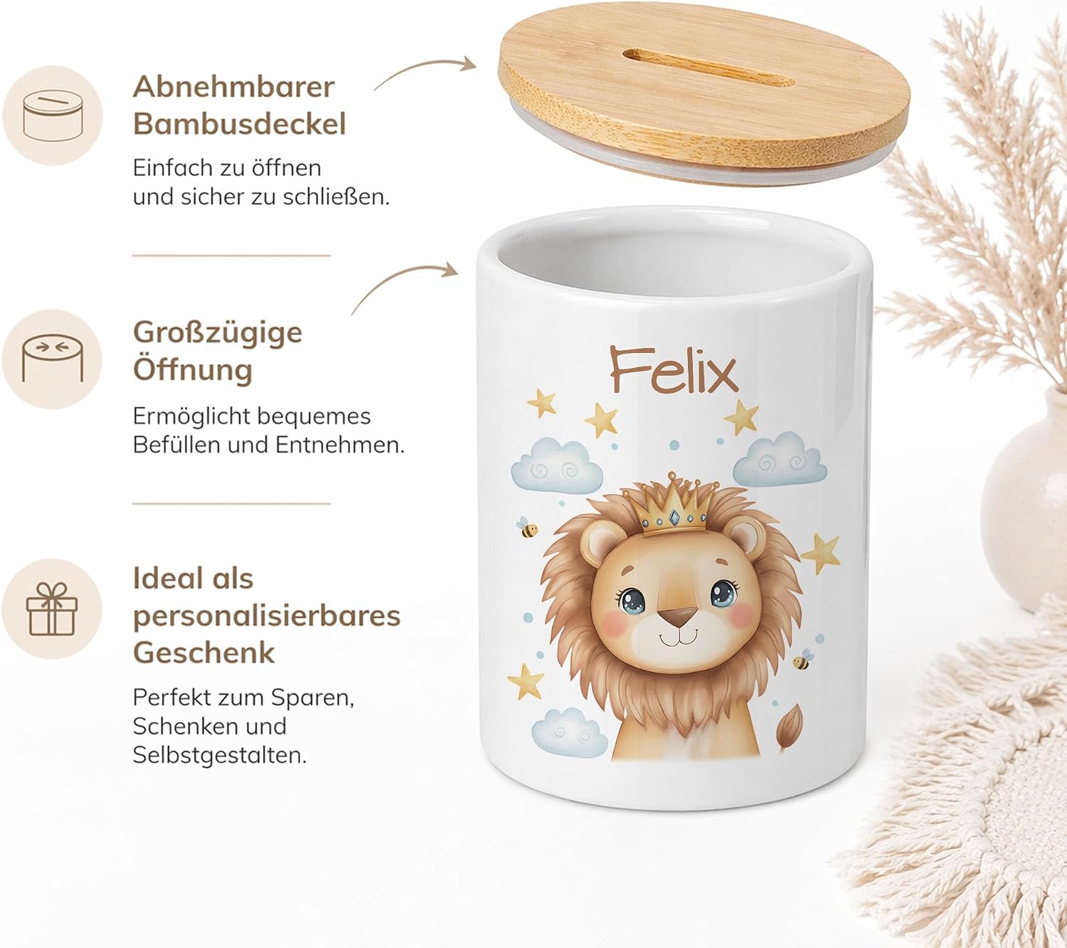 Personalised Bamboo Money Box with Name, Cute Lion Crown Design, Gift Children Birth Christening, Boys Baby Piggy Bank, Cute Wish Filler – Bild 4