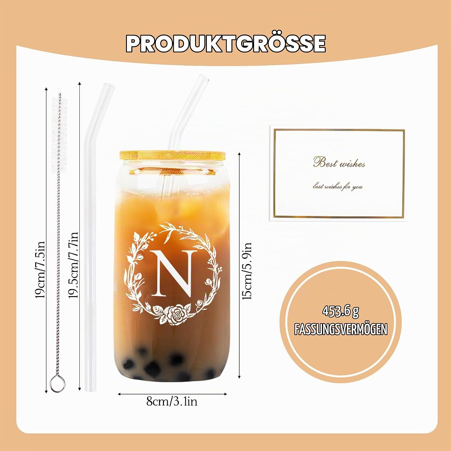 A-Z Personalised Gifts with Letters, 16 oz Glass Cup with Lid + Straw + Cleaning Brush, Gifts for Women Girls, Birthday Christmas (N) – Bild 2