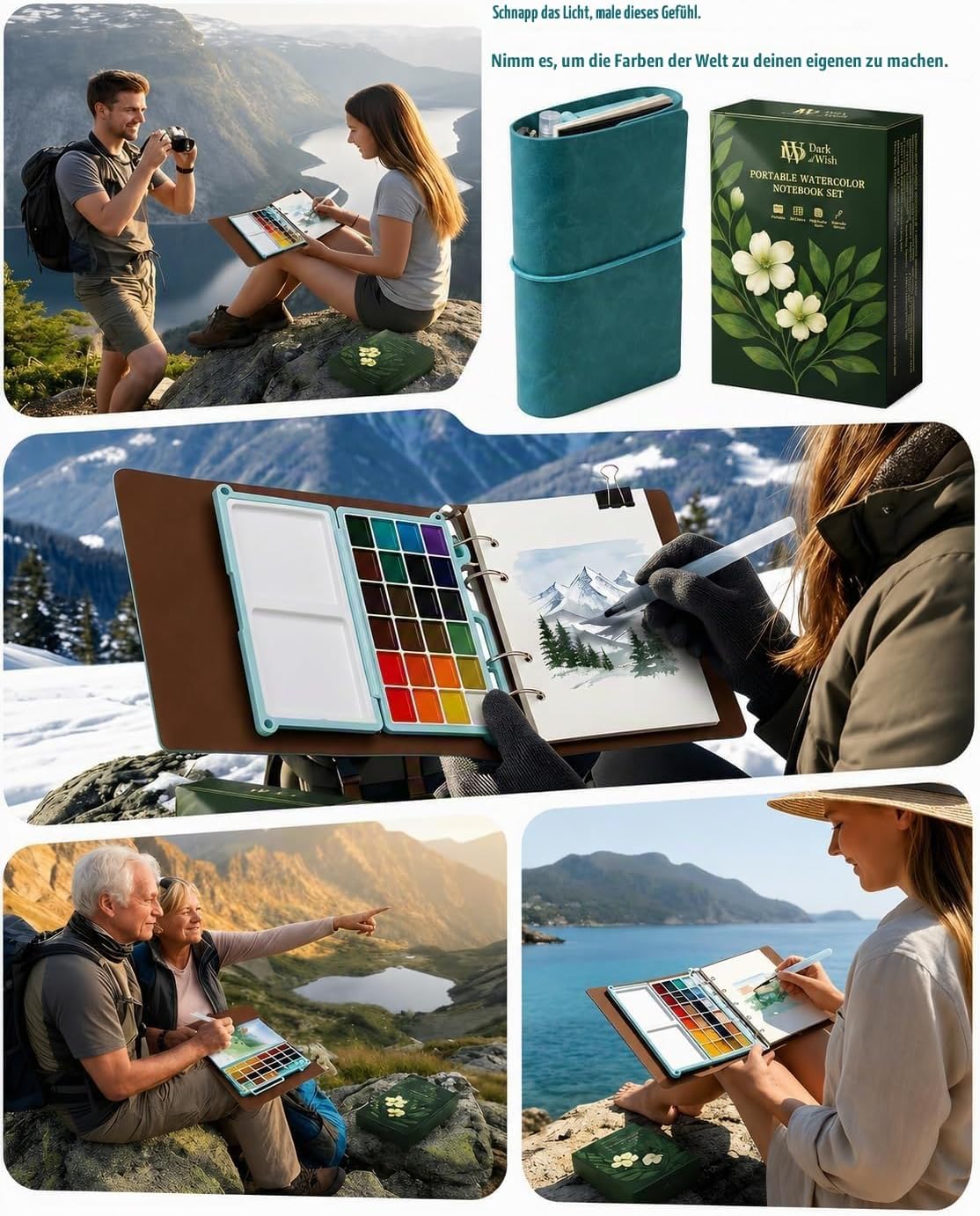 Tragbares Aquarellfarben-Set für Erwachsene, 24 Farben, Reise-Aquarell-Set mit Notizbuch (weiße und schwarze Seiten), nachfüllbarer Pinsel und Palette, All-in-One-Kunst-Set für Outdoor-Malerei – Bild 6