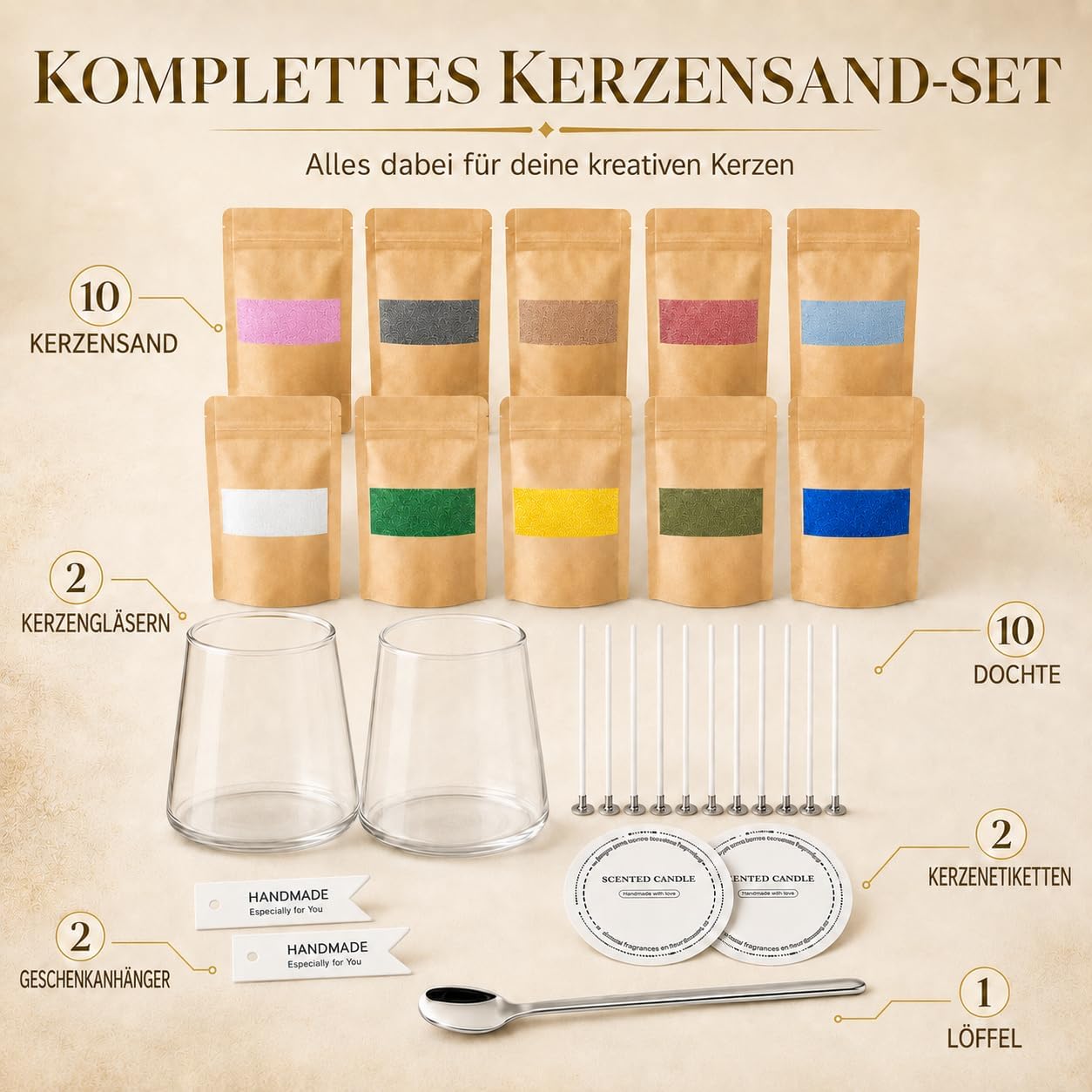 ZaejjaeY Candle Sand with Wick Set in 10 Colours with 2 Candle Jars, 10 Candle Wicks and Spoons, 500g Wax Granules for Candles, DIY Candles, Creative DIY Kit for Adults – Bild 2