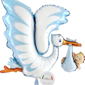 Foil Balloon Stork with Baby, XXL Decoration for Birth Boy, 99 cm