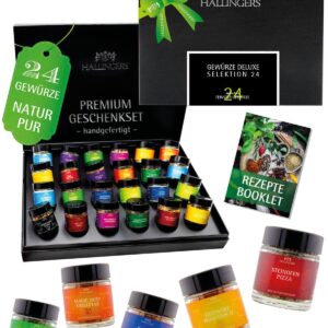 Hallingers Genuss Manufaktur Spice Gift Set – 24 Spices from around the World in High-Quality Gift Box with Recipe Booklet „Deluxe Selection…“, Gift Idea for Men and Women