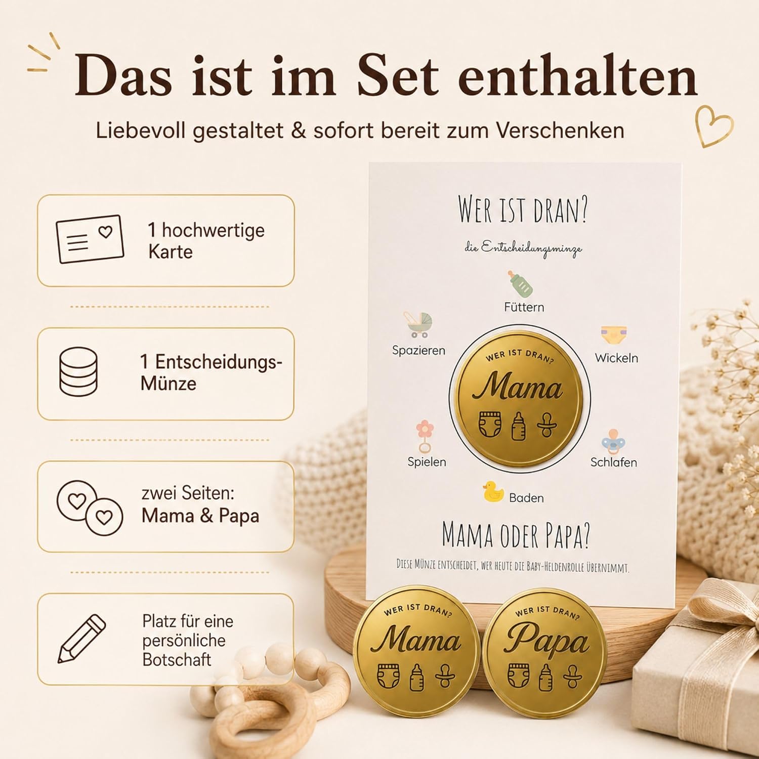 Milaboo® Mum or Dad Decision Coin - Golden Coin (4.5 cm) with Card - Funny Gift for New Parents, Baby Shower, Birth & Family Life (Gold) – Bild 4